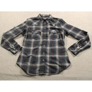 Levis Womens Long Sleeve Pearl Snap Plaid Western Shirt Sz XS Gray Tailored Fit